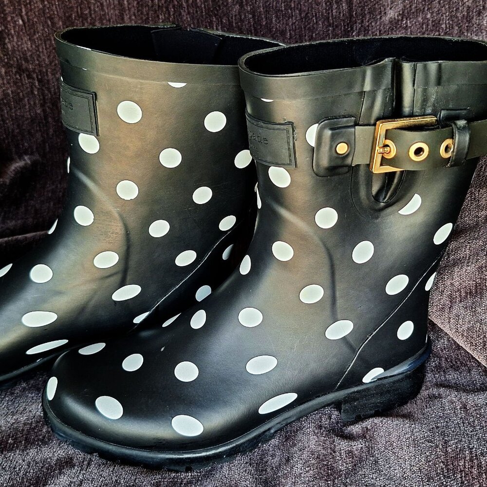 New Kate Spade Carina Rubber Rain Boots Polka Dots Black White Size 8